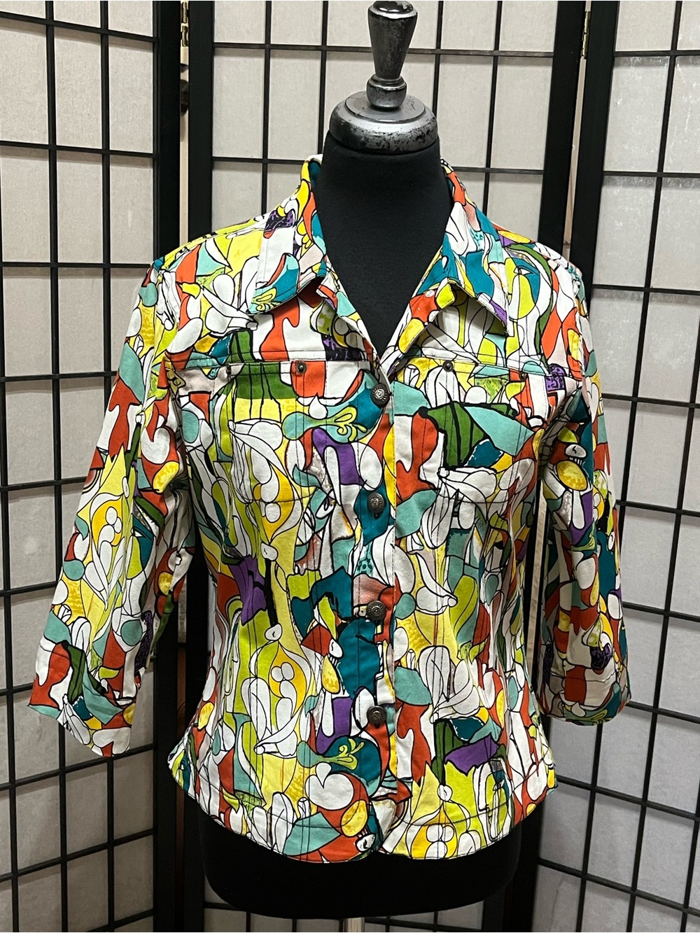 Women's Multicolor, RETRO MODERN ART BY kAKTUS Button Front Jacket WOMEN SIZE L